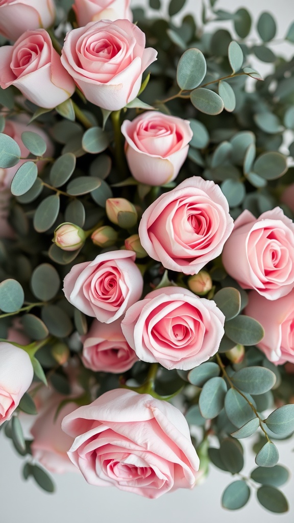 A bouquet featuring soft pink roses and eucalyptus leaves.