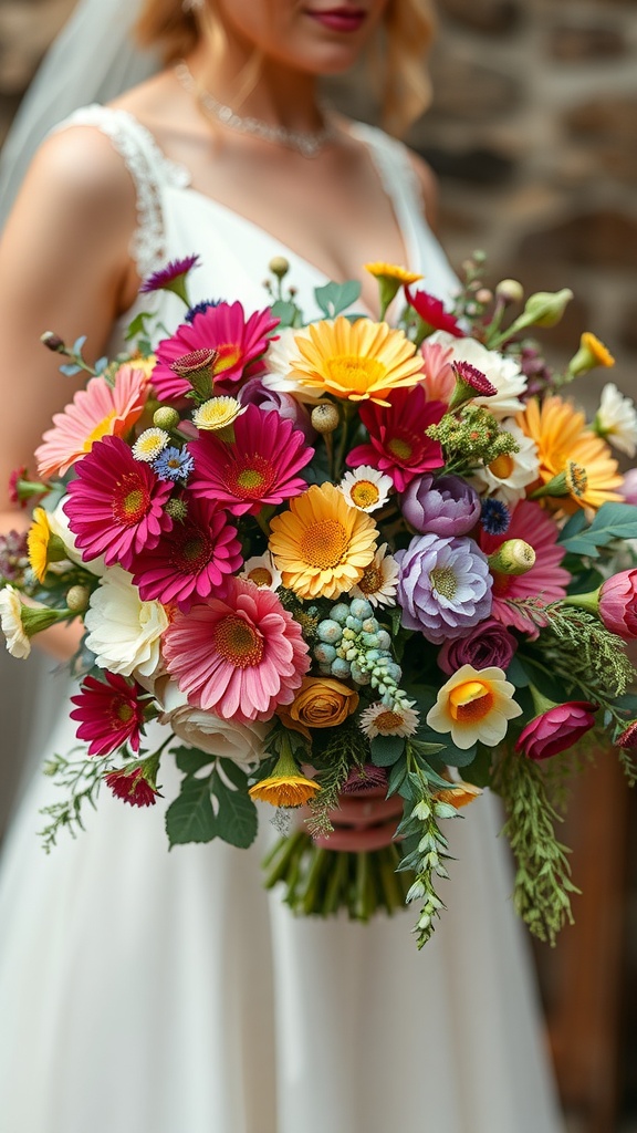 A colorful bouquet of seasonal flowers including roses, daisies, and sunflowers.