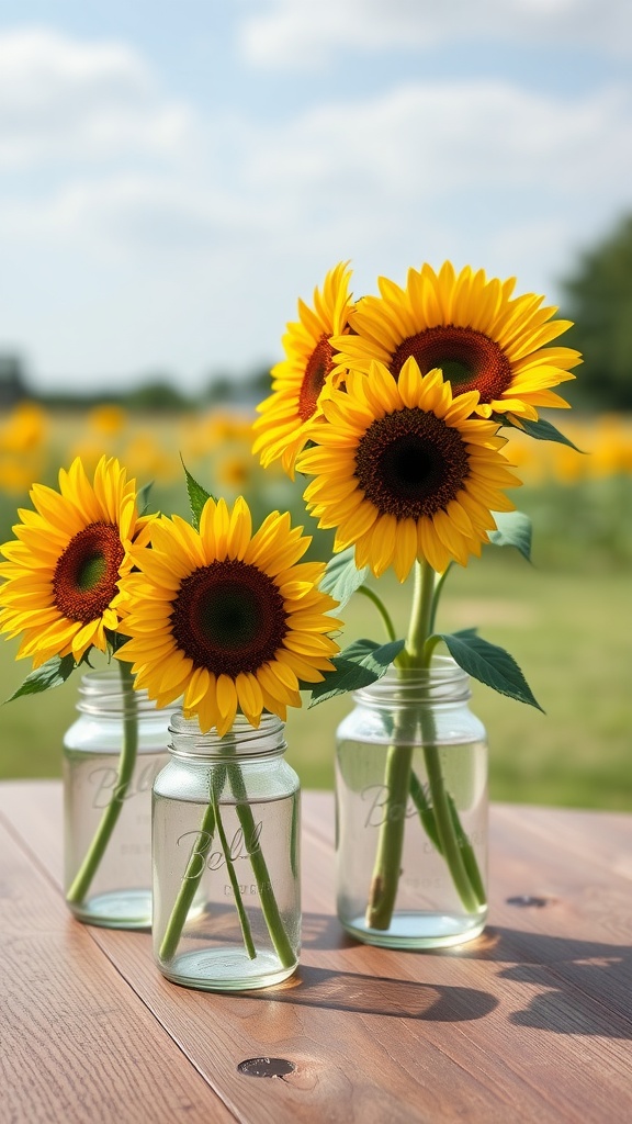 Three mason jars with bright sunflowers on a wooden table, set against a sunny field backdrop.
