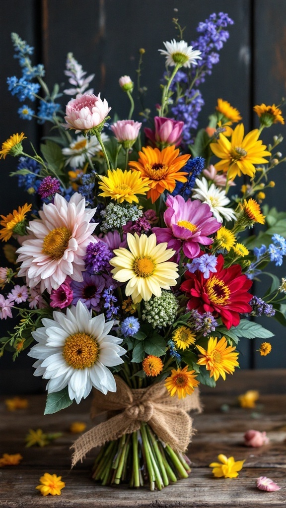 A colorful wildflower bouquet with various blooms including daisies, roses, and blue flowers, tied with a blue ribbon.