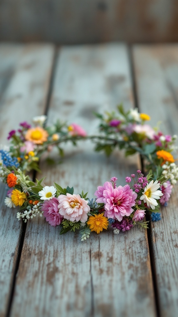A vibrant wildflower crown made of various colorful flowers on a wooden background.