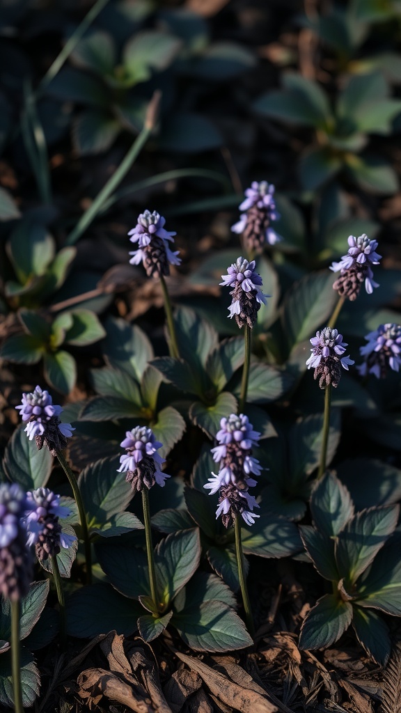 Ajuga plants with purple flowers and green leaves in a shady area