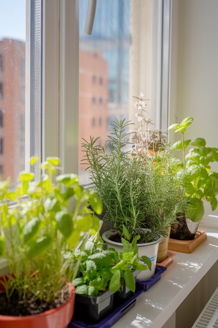 A vibrant window herb garden with various plants like basil, rosemary, and mint in pots on a sunny windowsill.