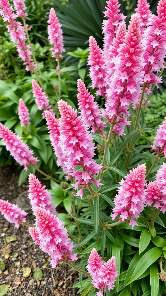 Astilbe flowers with pink blooms in a garden setting