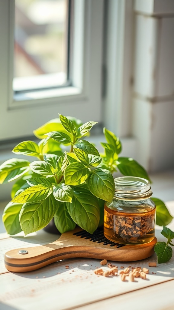 A jar of basil-infused oil next to fresh basil leaves and a wooden comb.