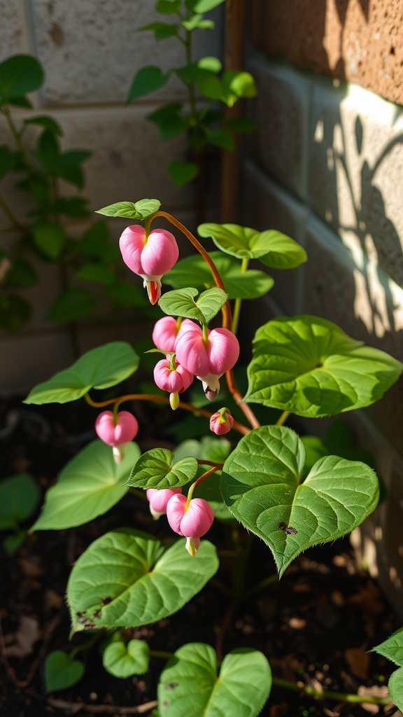 A Bleeding Heart plant with pink heart-shaped flowers and green leaves, growing in a sunny spot beside a brick wall.