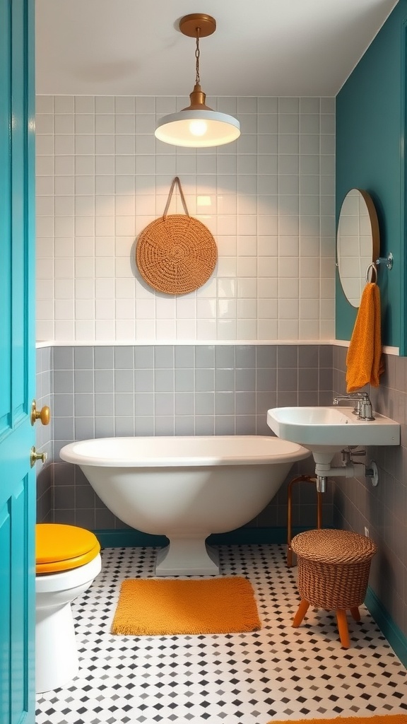 A midcentury bathroom featuring turquoise walls, gray tiles, and orange accents.