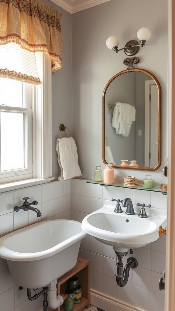 A charming vintage bathroom featuring a unique sink, soft gray walls, and decorative elements.