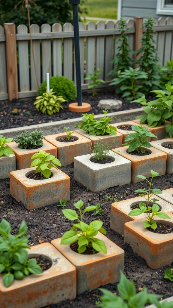 Cinder block herb garden with various herbs growing in individual blocks