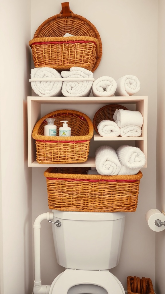Wicker baskets arranged over a toilet, filled with rolled towels and toiletries.