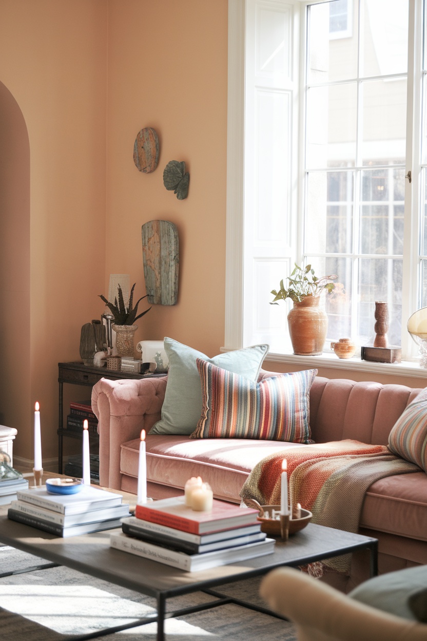 A cozy living room featuring soft peach walls, a pink sofa with colorful pillows, and a coffee table adorned with candles and books.