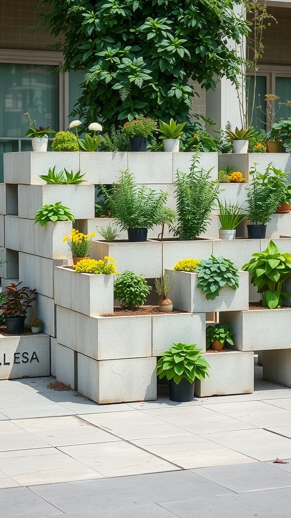 A creative herb garden planter made from concrete blocks arranged in a tiered structure with various herbs and plants.