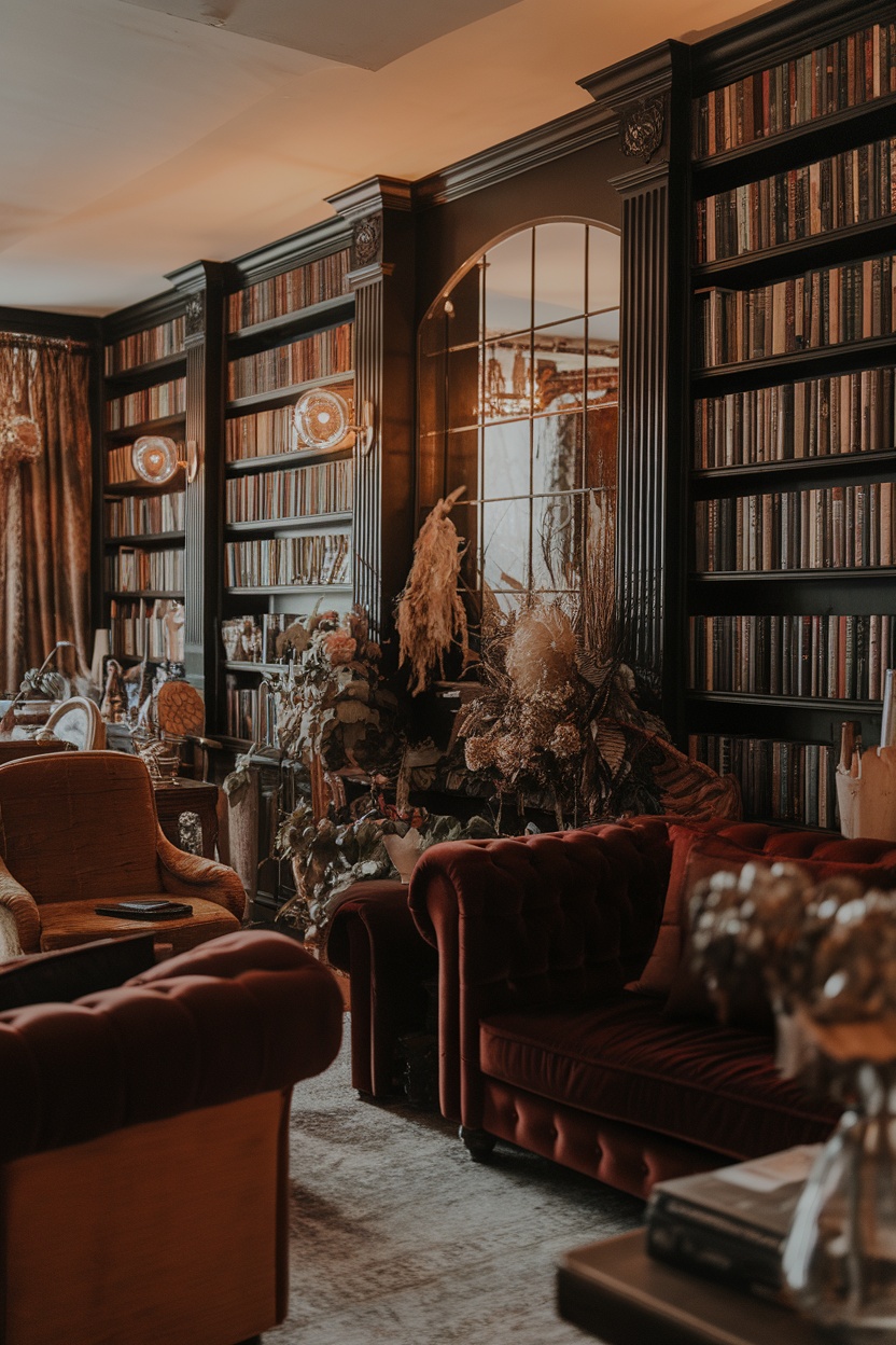 A cozy dark cottagecore living room featuring deep red sofas, vintage bookshelves, and dried flowers.