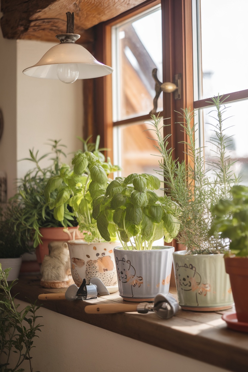 A collection of herb pots on a sunlit windowsill, featuring basil and rosemary plants.