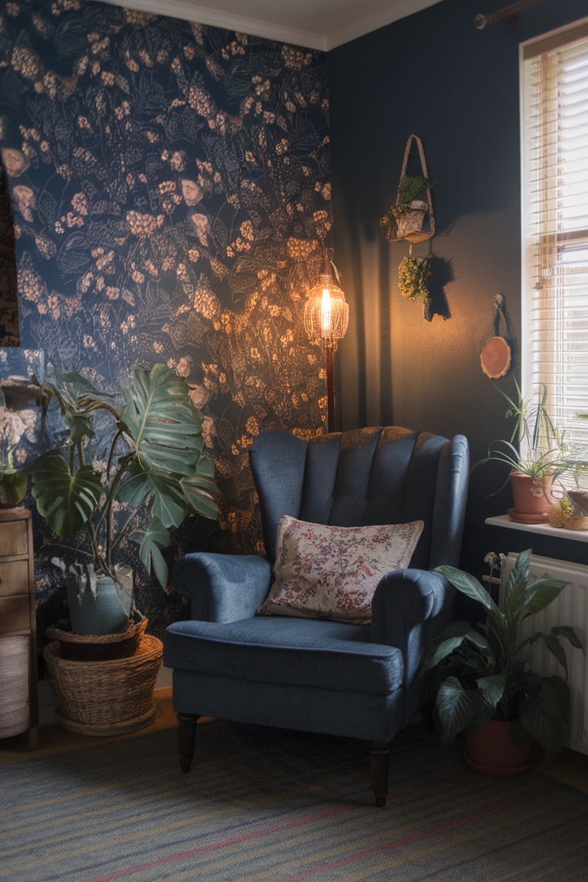 Cozy dark blue cottagecore living room featuring a plush armchair, floral wallpaper, plants, and soft lighting.