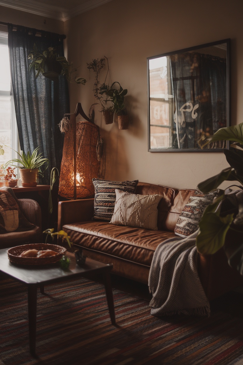 A dark boho cottagecore living room with a leather sofa, colorful pillows, hanging plants, a unique lamp, and a woven rug.