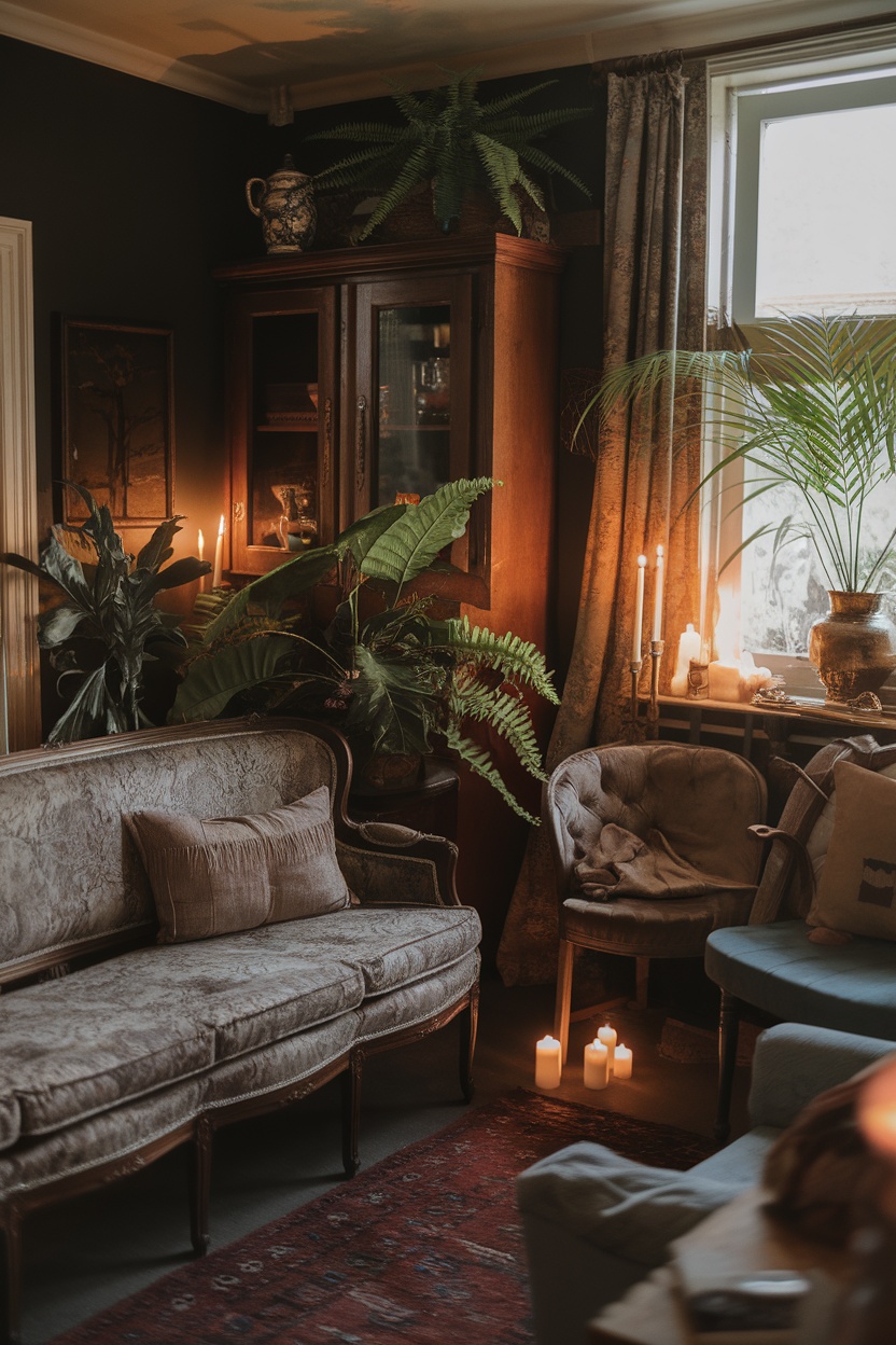 A cozy dark cottagecore living room with vintage furniture, plants, and candles.