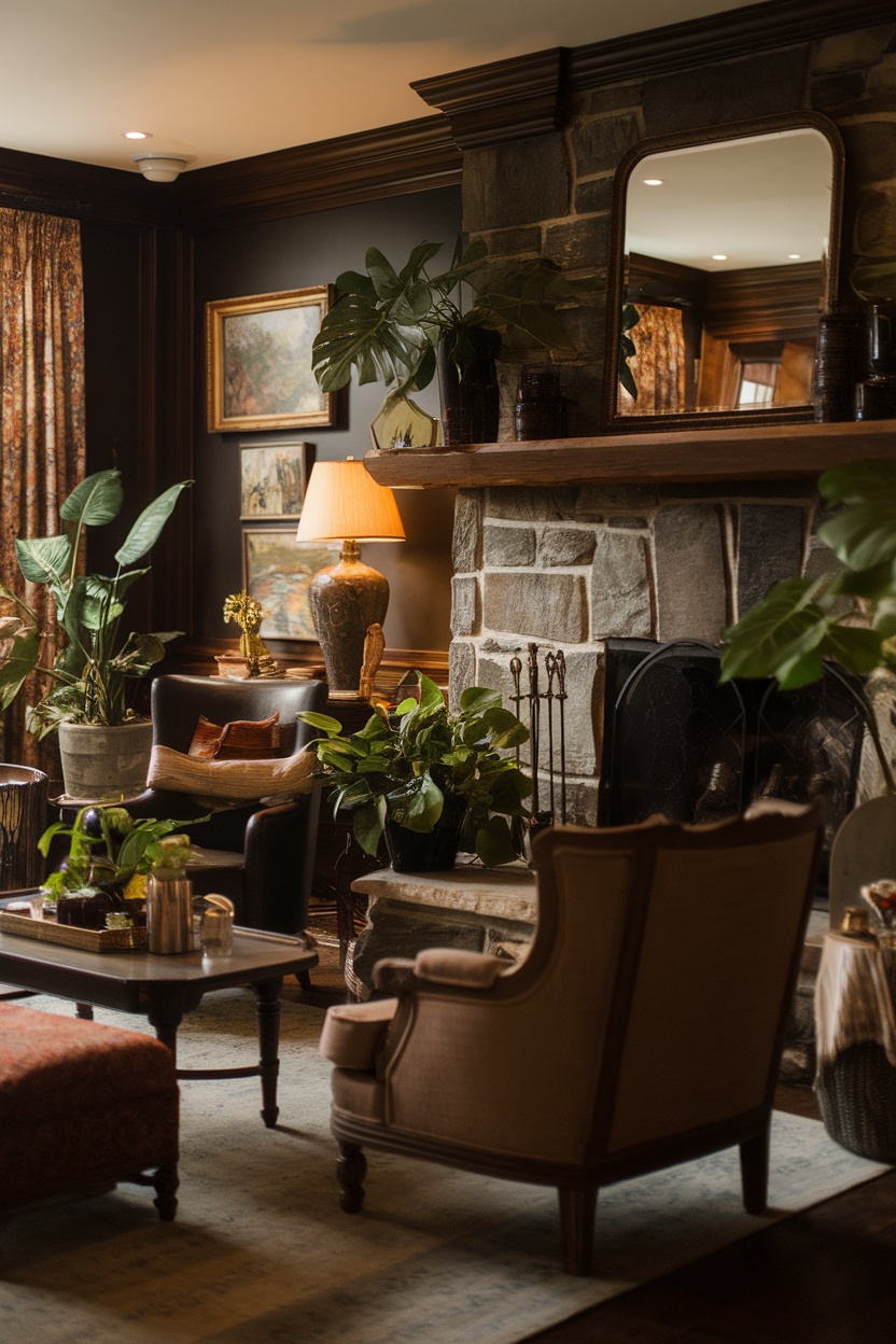 A cozy dark cottagecore living room with a stone fireplace, vintage furniture, and houseplants.