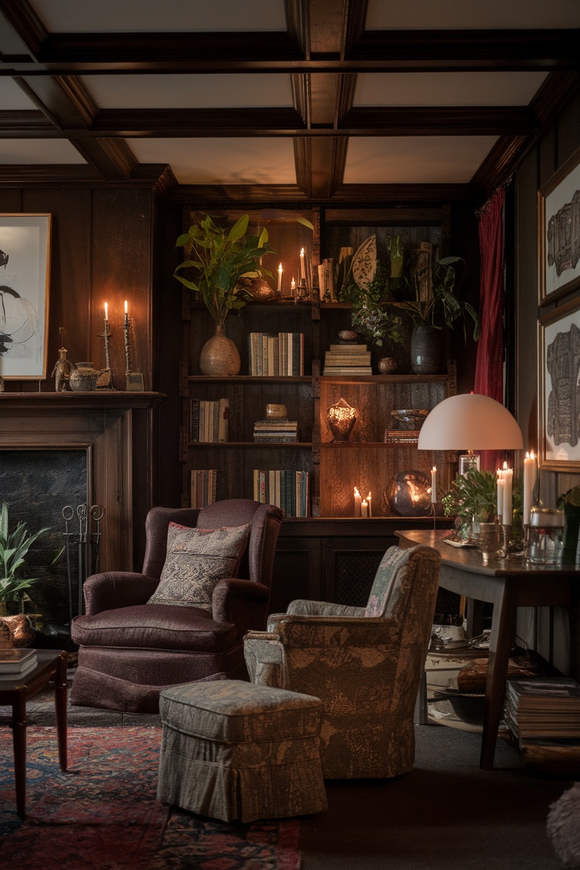 A dark cottagecore living room featuring cozy chairs, wooden shelves, candles, and plants.