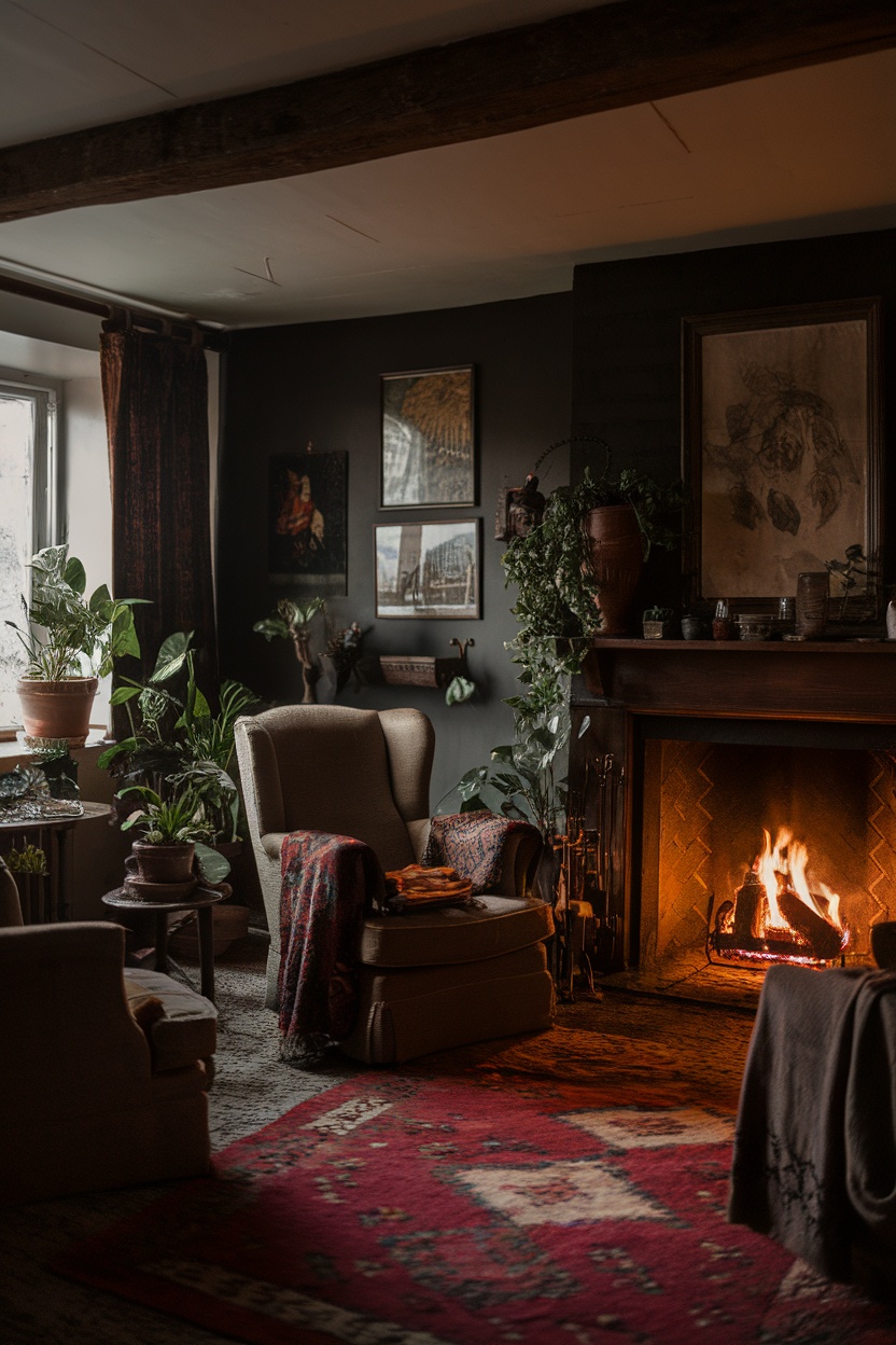 A cozy dark cottagecore living room with a fireplace, plants, and vintage decor.