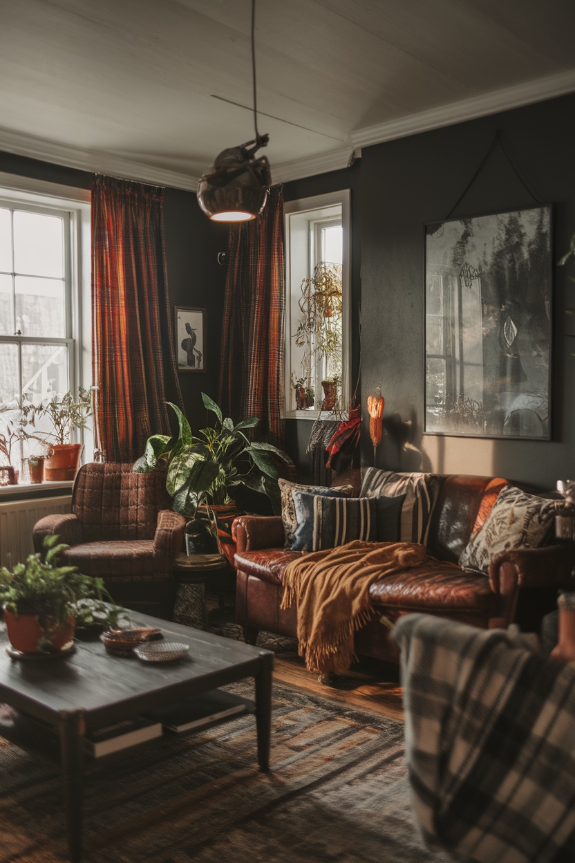 A cozy dark cottagecore living room with a leather sofa, plants, and colorful curtains.