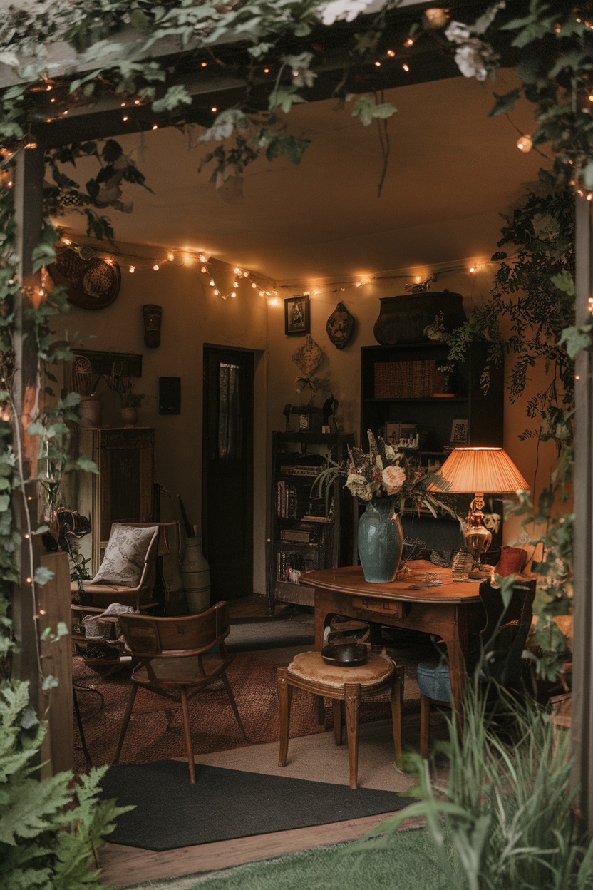A cozy dark cottagecore living room with vintage furniture, warm fairy lights, and greenery