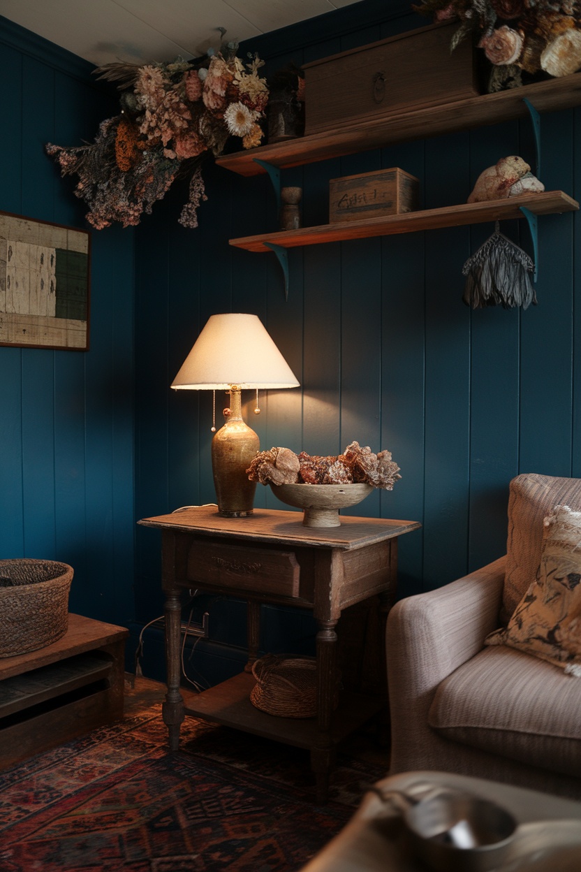 A dark cottagecore living room featuring deep blue walls, a wooden table with a lamp, and dried flowers on display.