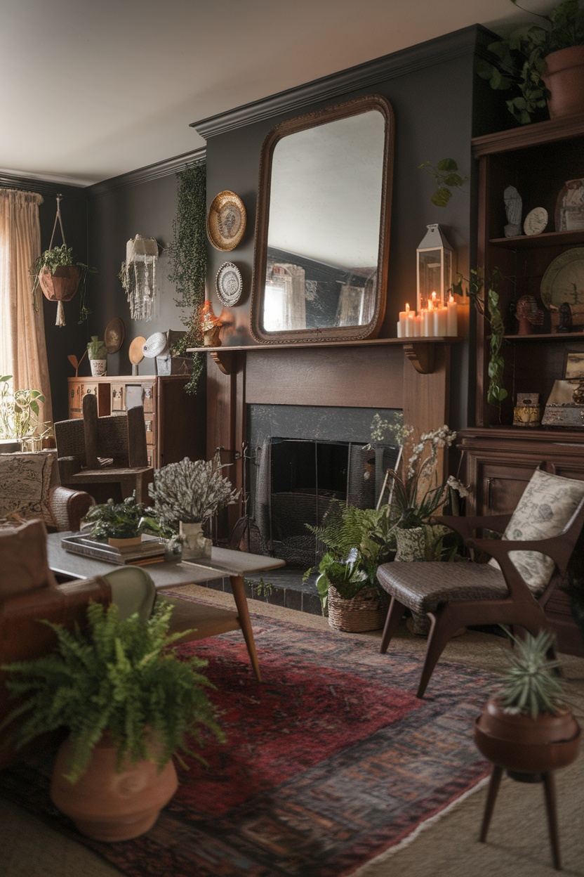 Cozy dark cottagecore living room with plants, a fireplace, and vintage decor