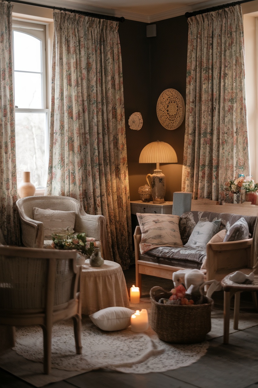 Cozy dark cottagecore living room with floral curtains, rattan furniture, and warm lighting.