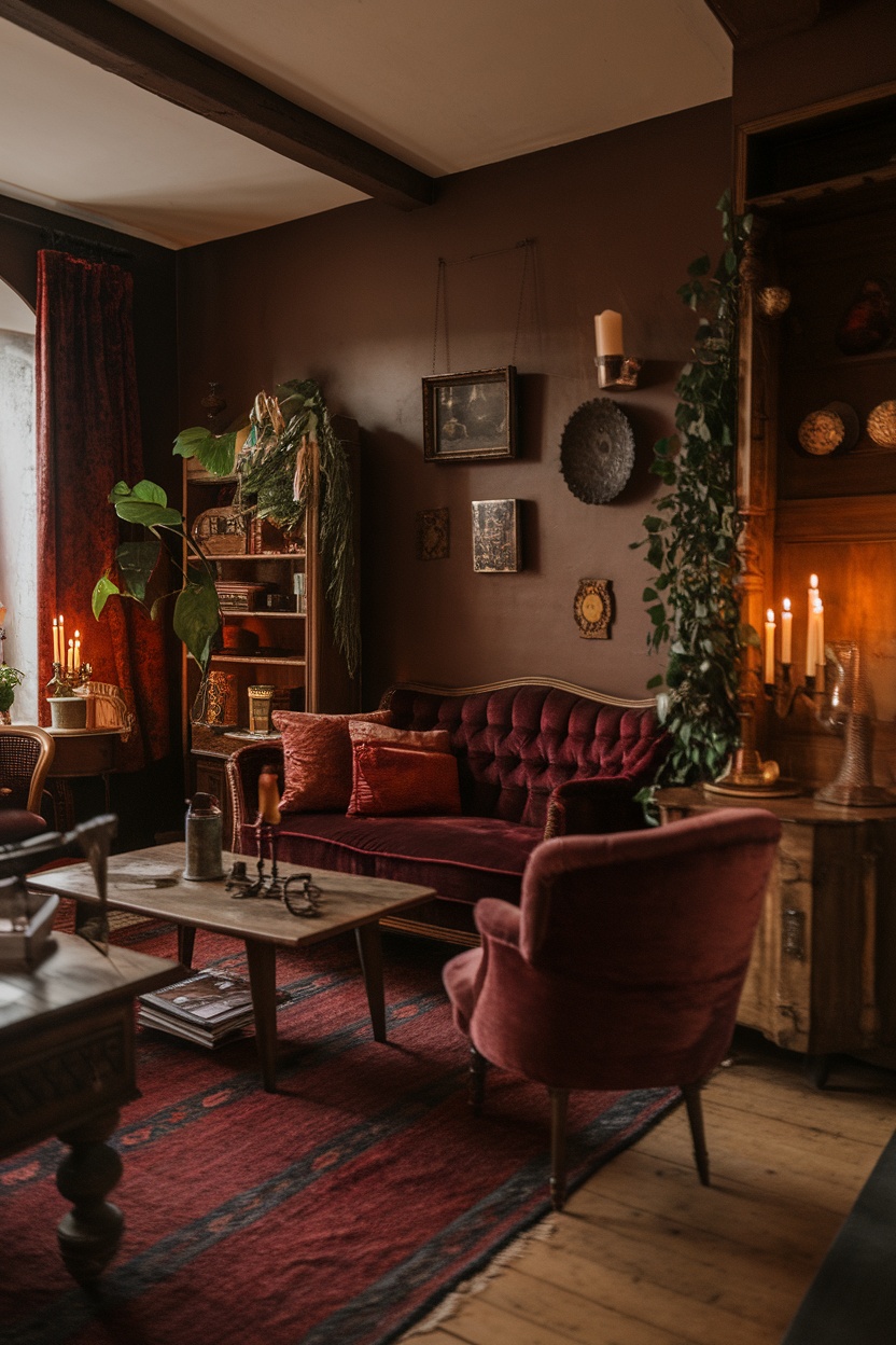 Cozy dark cottagecore living room with burgundy velvet sofa, vintage decor, and plants