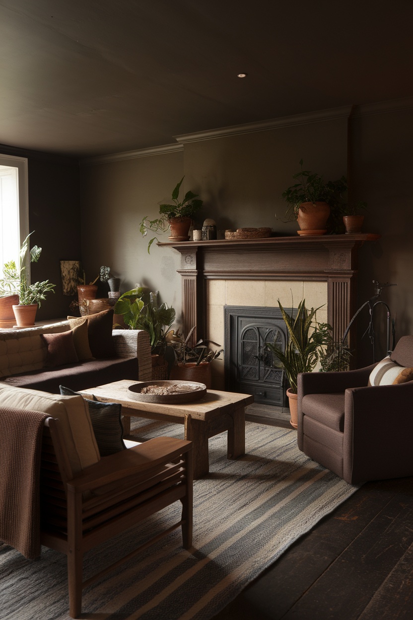A cozy dark cottagecore living room featuring wooden furniture, plants, and a fireplace.