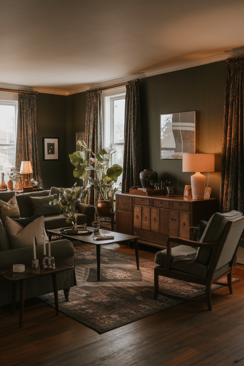 A cozy dark cottagecore living room featuring plush furniture, plants, and warm lighting.