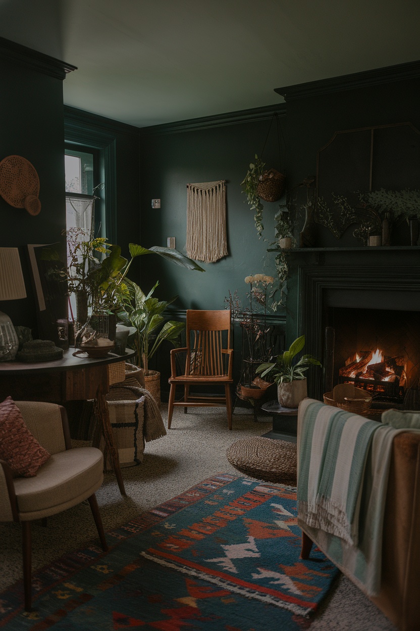 A cozy dark cottagecore living room with green walls, plants, and a fireplace.