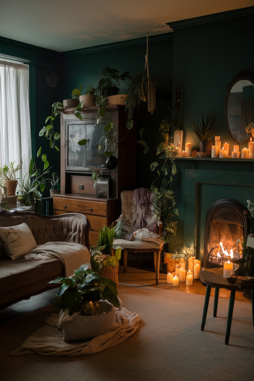 A dark cottagecore themed small living room with green walls, plants, candles, and vintage furniture.