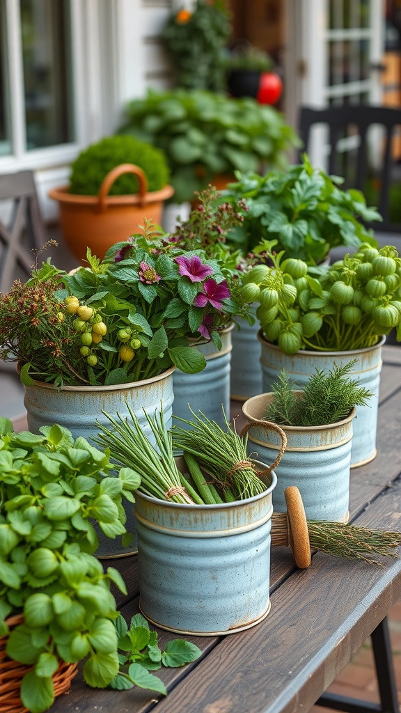 A collection of decorative metal buckets filled with various fresh herbs on a wooden table, showcasing vibrant plants in a charming outdoor setting.