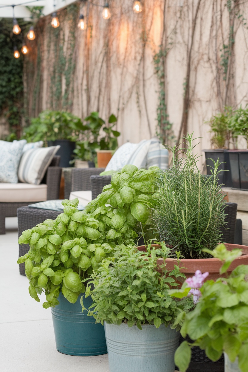 A cozy outdoor patio with various herb plants in pots and inviting seating.