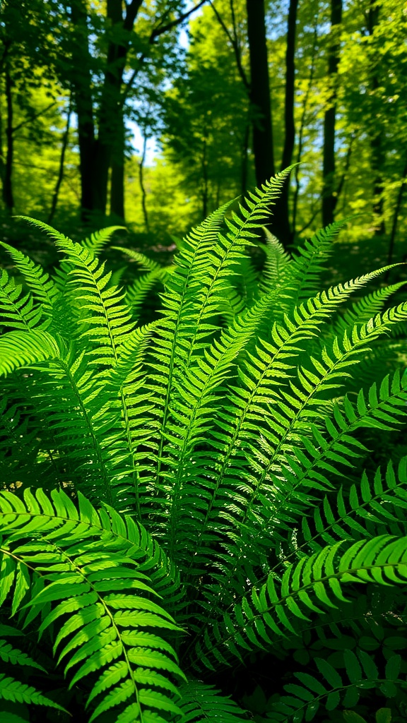 A lush patch of ferns in a shaded forest area with trees in the background.