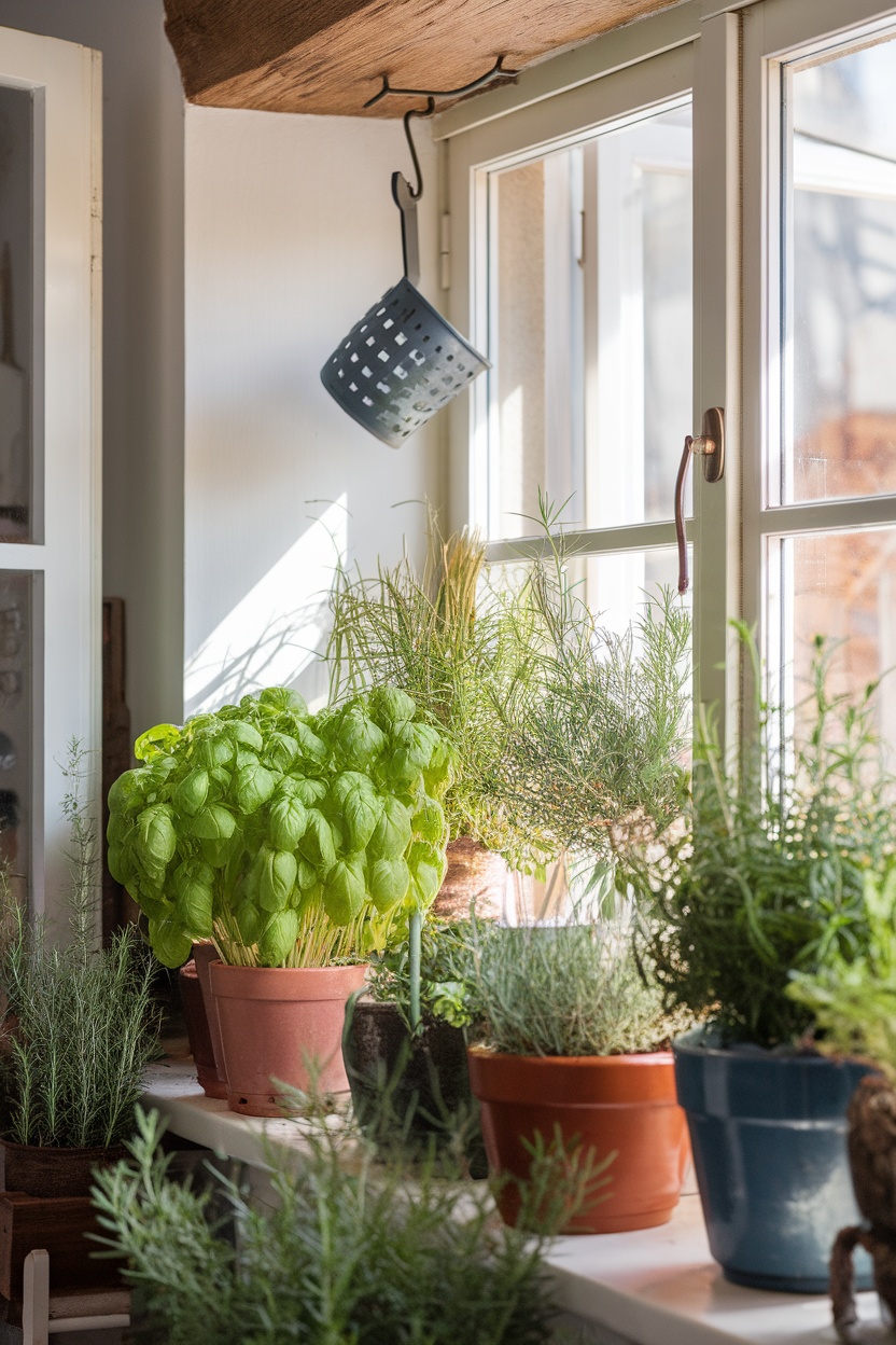 A cozy kitchen window filled with various herb plants including basil, rosemary, and thyme in different pots.