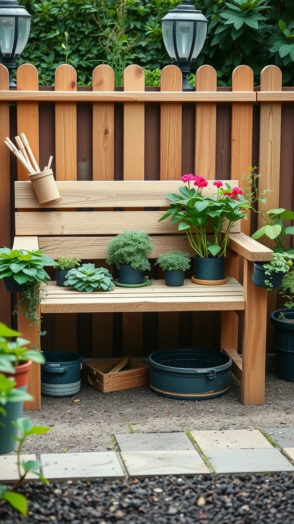 A wooden garden bench with potted herbs and gardening tools, set against a wooden fence