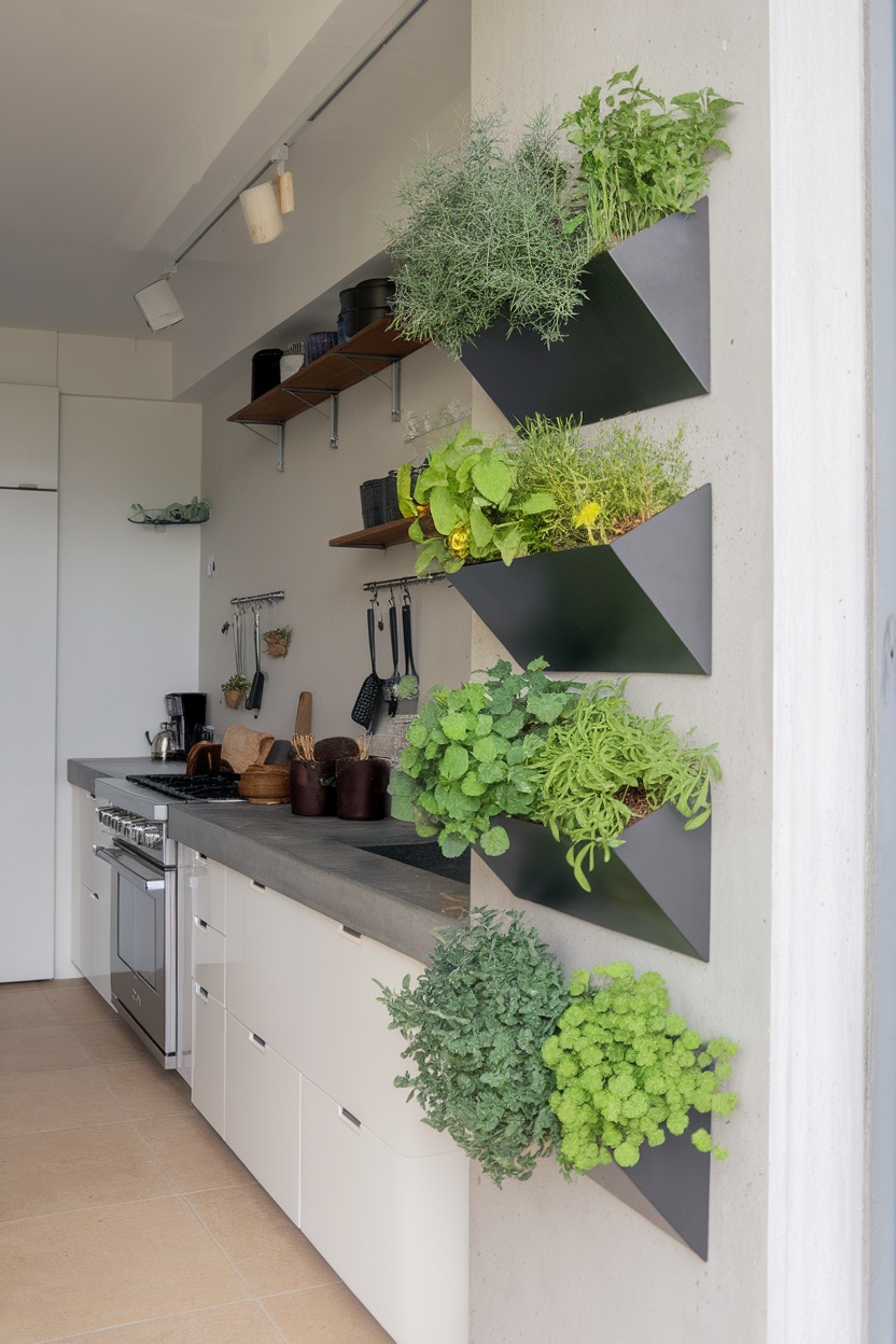 Geometric vertical planters on a kitchen wall with various herbs