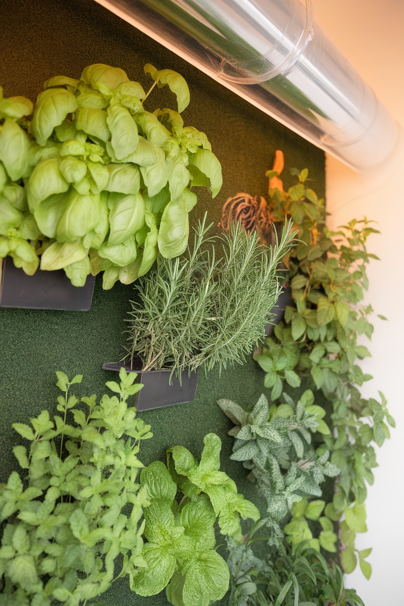 A vertical herb garden wall indoor featuring various herbs like basil and rosemary with an irrigation system.