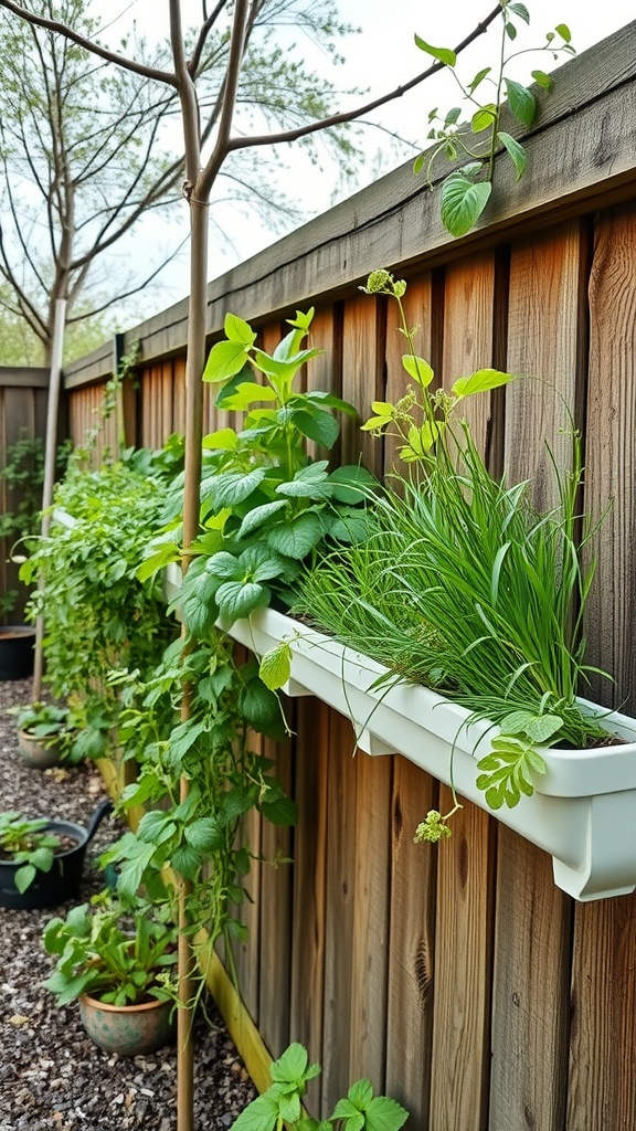 Gutter herb garden displayed on a wooden fence with various herbs growing