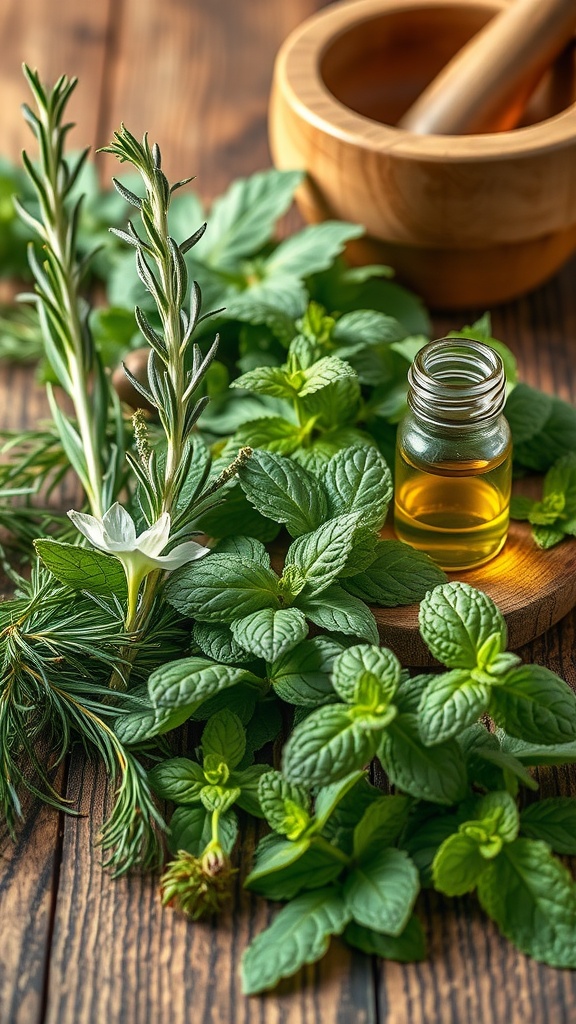 A collection of fresh herbs including rosemary and peppermint, along with a bottle of oil and a wooden mortar for making herbal hair growth treatments.