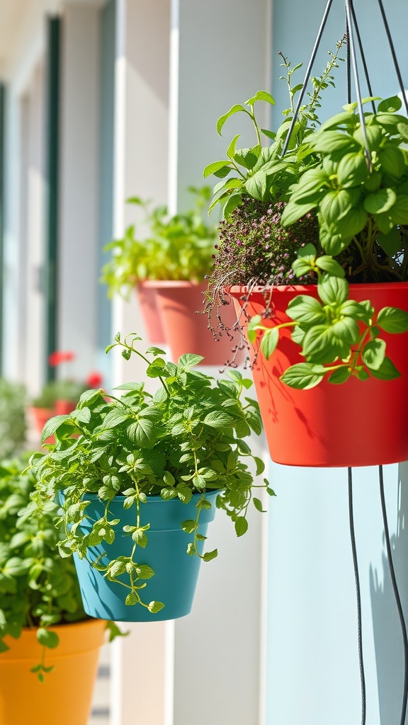 Colorful hanging herb baskets with various plants on a bright balcony