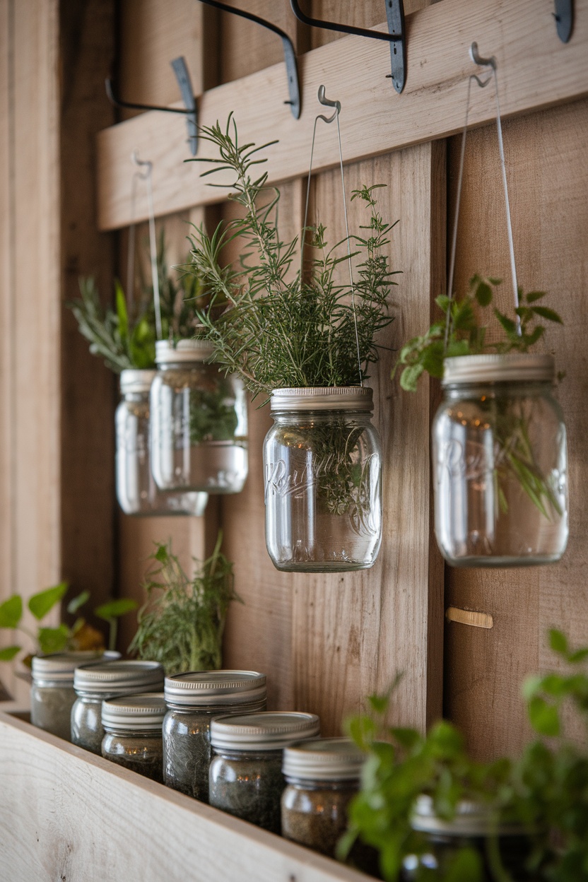 Hanging mason jars with herbs on a wooden wall