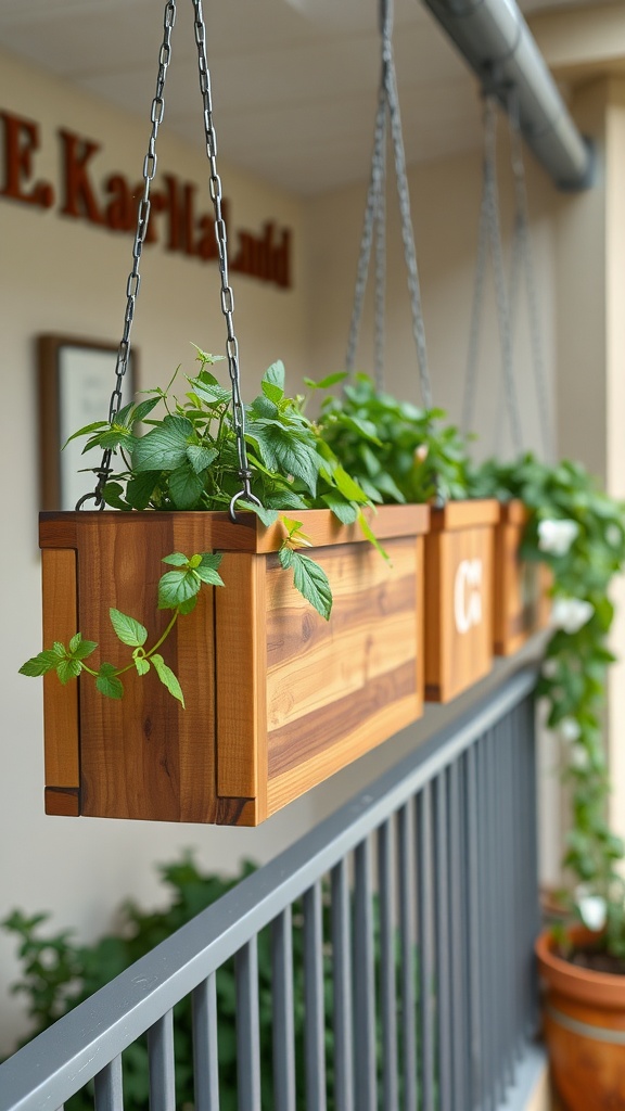 Multiple hanging wooden planter boxes filled with green herbs, suspended from a railing.