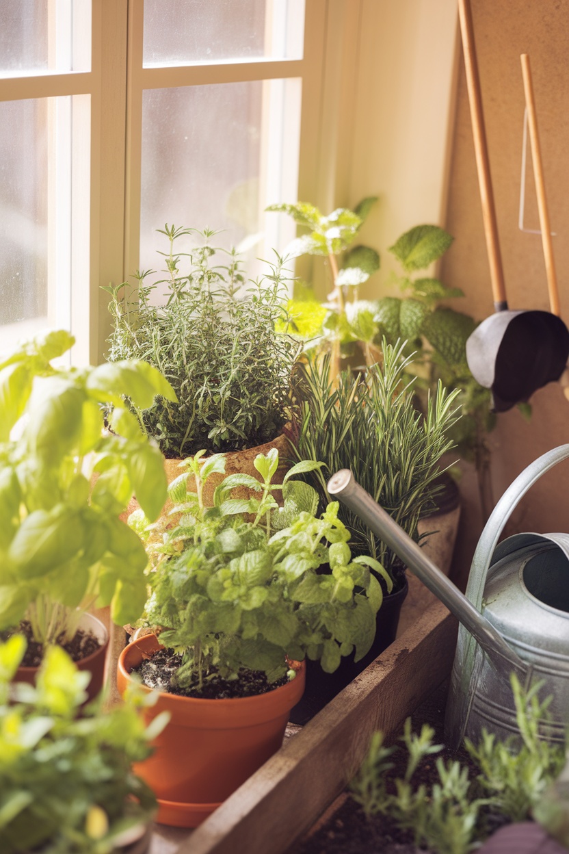 A collection of herbs on a sunny windowsill, including basil, mint, rosemary, and thyme, in pots with a watering can nearby.