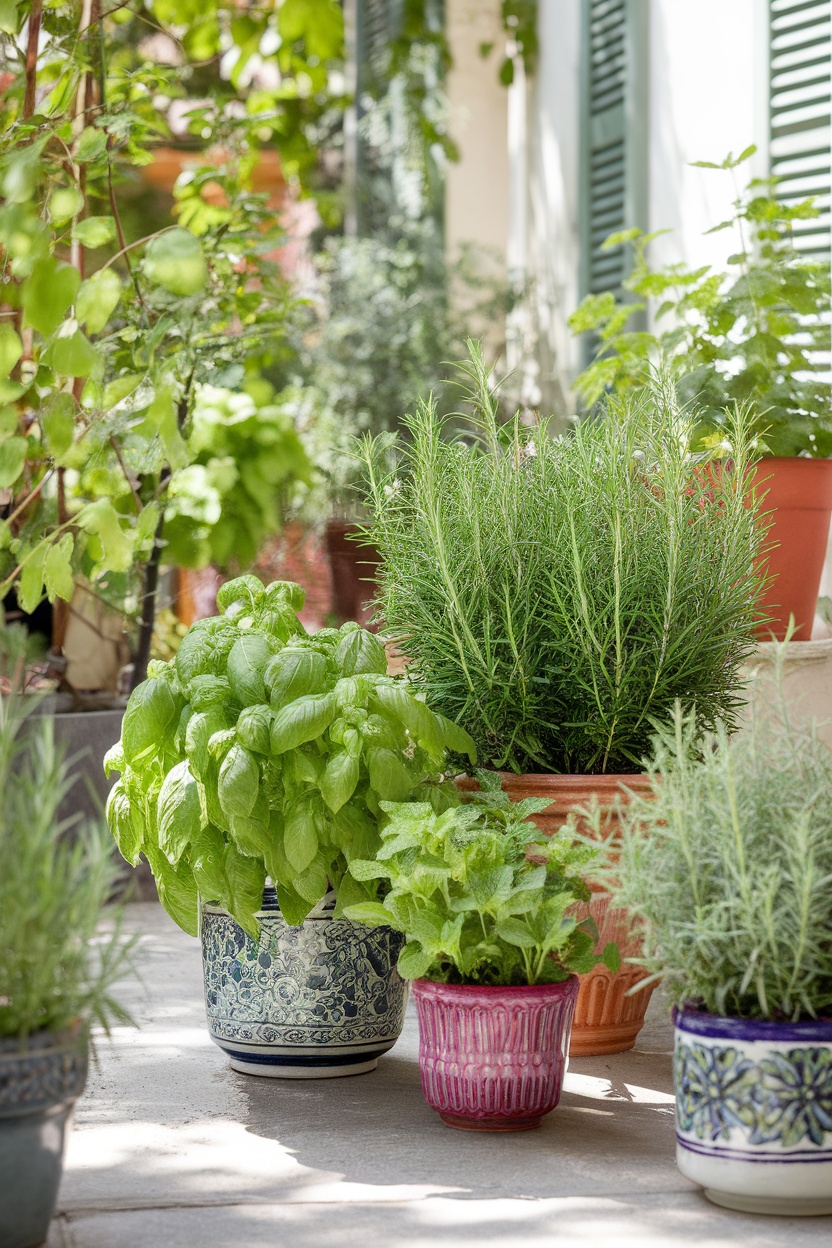 A collection of potted herbs including basil, mint, and rosemary in decorative pots.