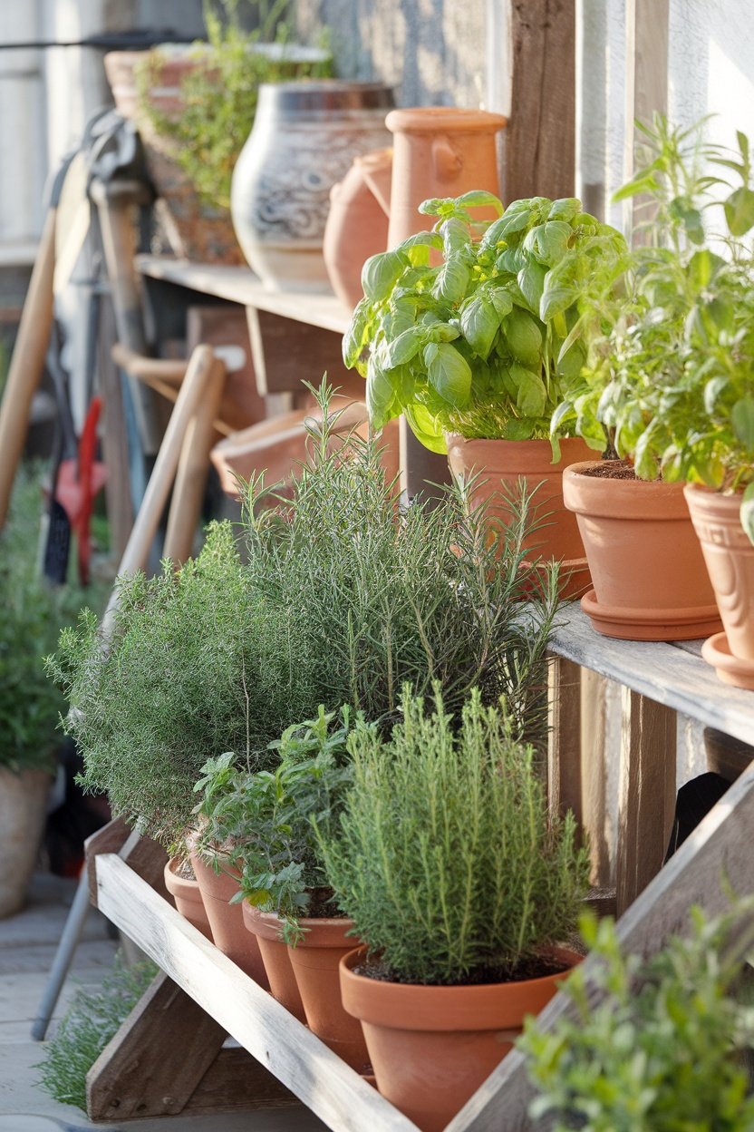 An arrangement of various herbs in terracotta pots on a wooden shelf.