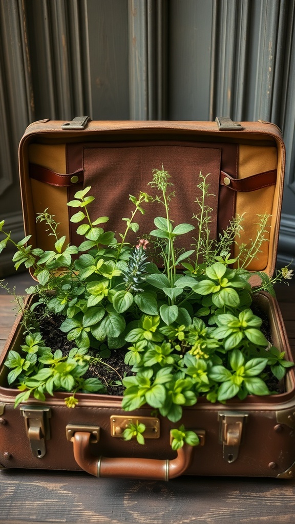 A vintage suitcase filled with various herbs growing in soil.